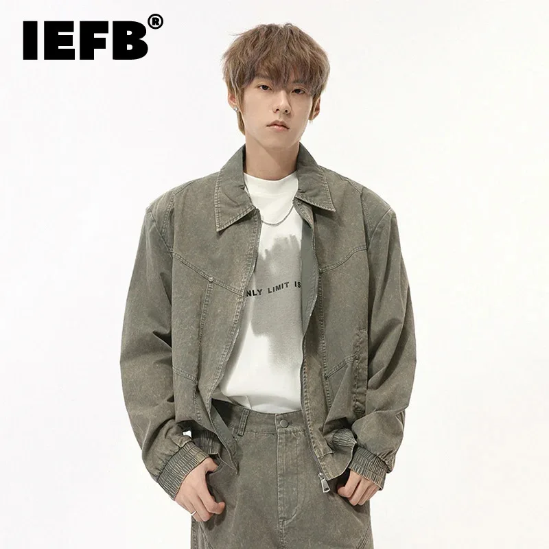 IEFB High Street Men's Suits Lapel Zipper Worn-out Shoulder Pads Denim Jacket Straight Wide Leg Male Jeans Autumn Fashion 9C7849