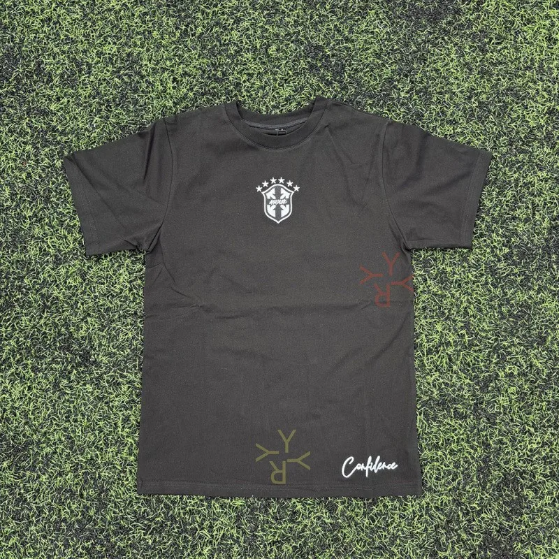 Retro casual solid color round neck T-shirt shield pentagram badge pattern letter print unisex daily short sleeved top