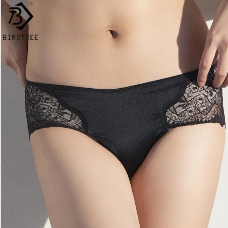 Birdtree 89% التوت الحرير 11% دنة المنشعب سراويل، المرأة منتصف الخصر Traceless تنفس الدانتيل ملخصات، 2025 جديد P58112JF
