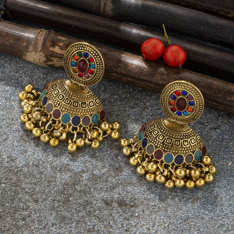 Indian Jhumka Bohemian Tassel Bell Water Drop Rhinestone Earrings for Women Retro Vintage Ethnic Temperament Ladies Earrings