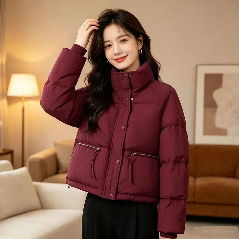 2026 Autumn Winter New Korean Edition Standing Collar Breadmaker Cotton-Padded Women Short Parkas Coat Female Casual Ladies Tops