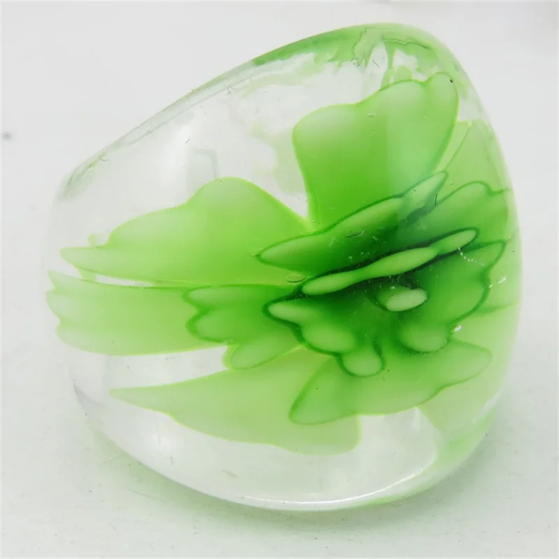 Fashion Transparent Glass Ring Handmade Colored Flower Liuli Finger Ring For Women Jewelry Girls Gift