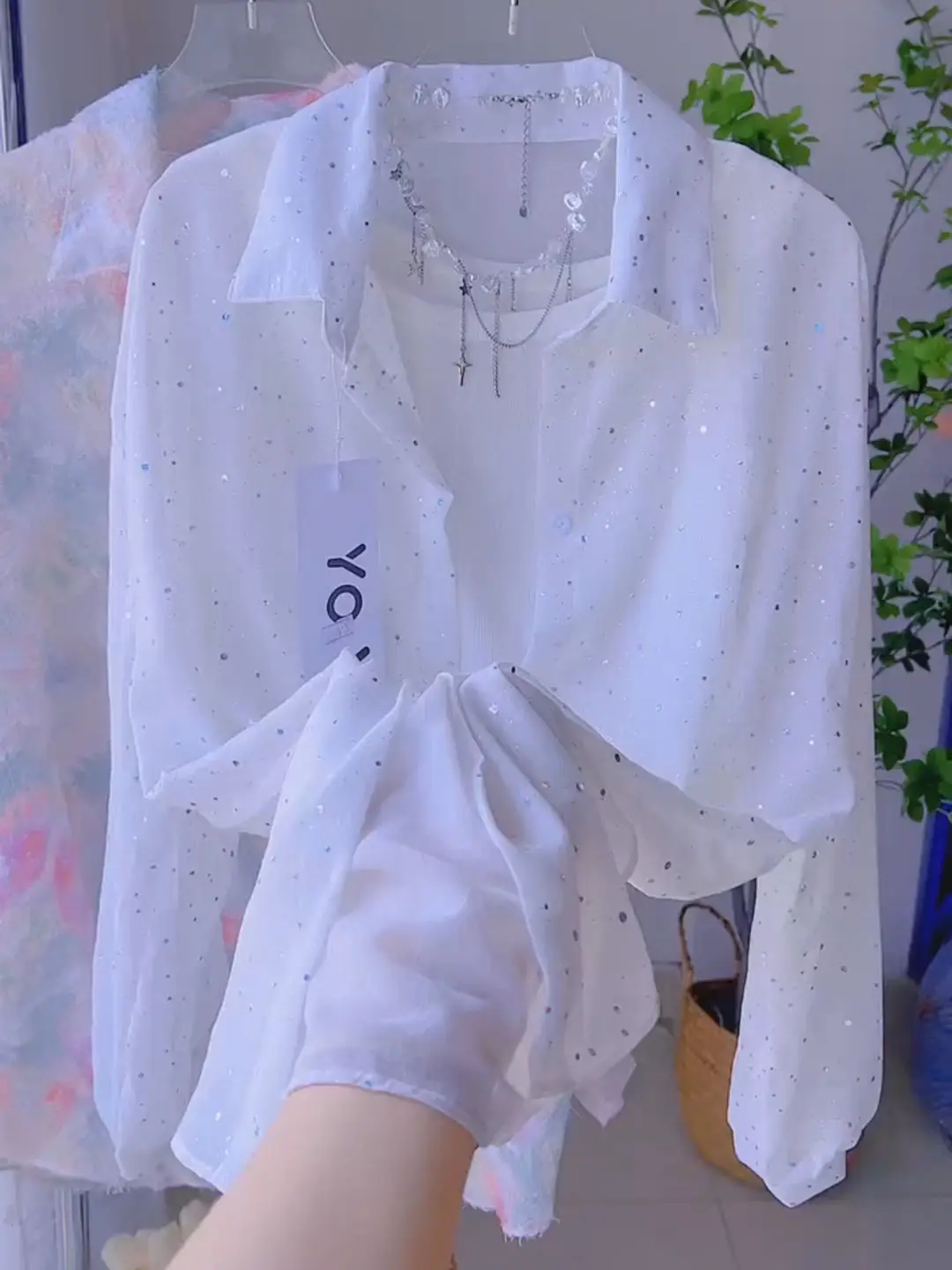 Summer 2024 Women's  Collar Thin Sun Protection irt Loose Casual Glitter Top Cardigan Outerwear Korean Sle Polyester