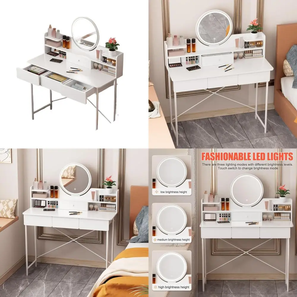 

LED-Illuminated Makeup Desk with Adjustable Brightness, White Vanity Table for Small Spaces