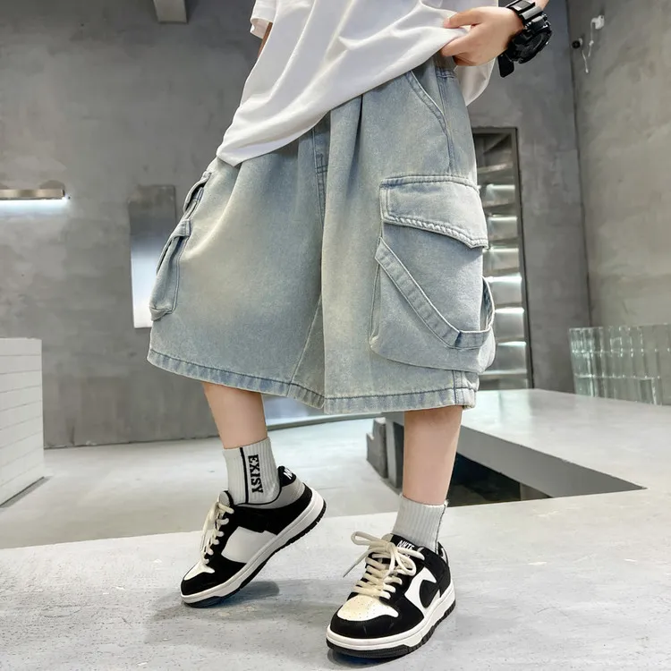 2026 Summer New Kids Designer Blue Denim Cargo Shorts Tweens Boy Casual Straight Jeans Shorts For Child Age 5 6 8 10 12 14 Yrs