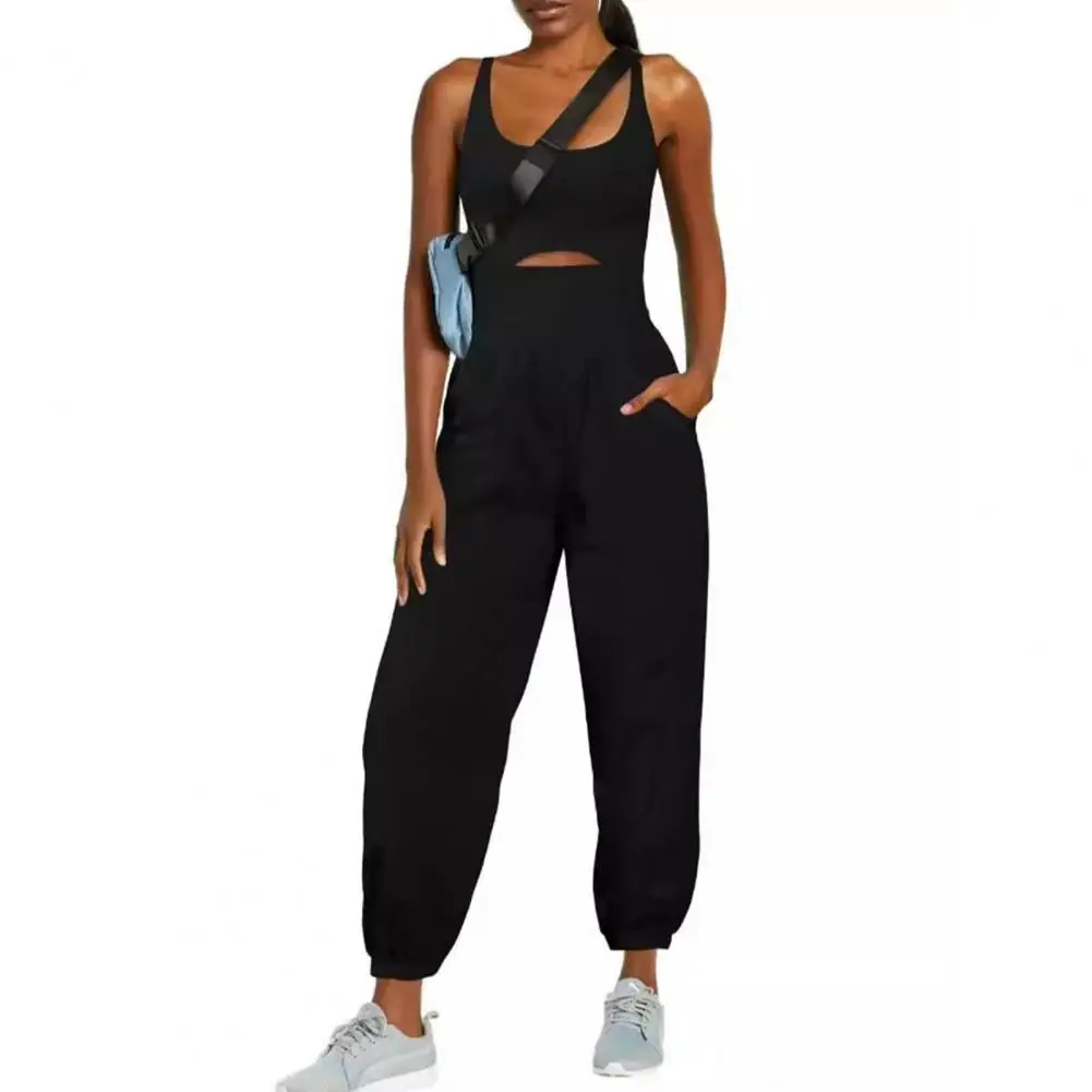 

Summer Women Sport Jumpsuit Sleeveless Square Neck Pure Color Ankle-banded Hollow Out Cross Back Yoga Sport Casual Overalls