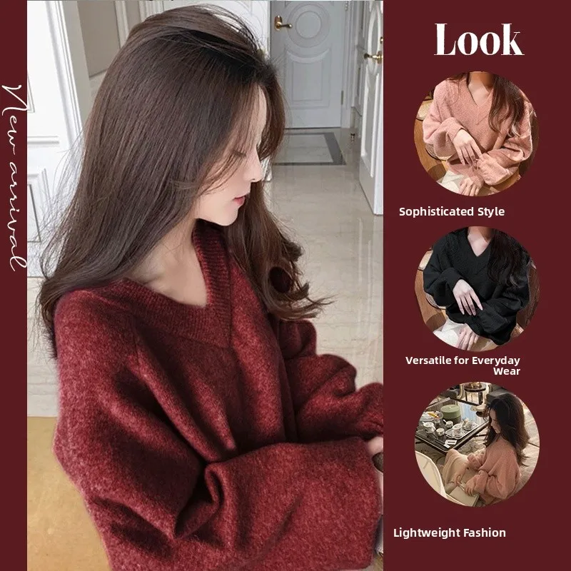 Rouge v-ne tricoté pull femmes Base irt paresseux rétro Sle vêtements intérieurs doux Sle couleur Pure hiver longue Sve coupe régulière