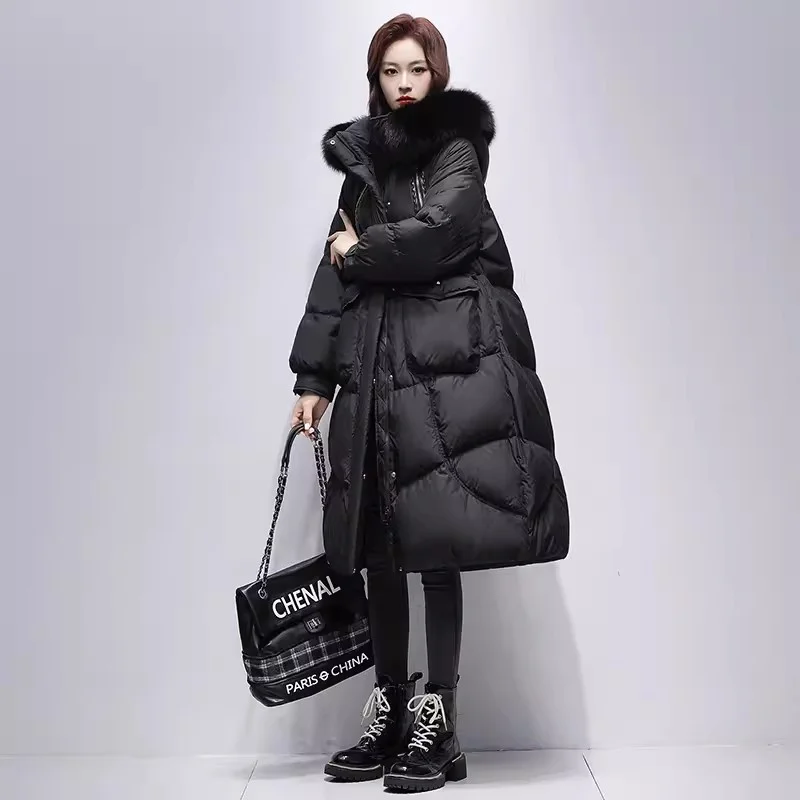 White duck down Jacket Women\'s 2024 New Winter Fox fur collar Warm Thicken Fashion down Coat Female Hooded Parker Long Overcoat