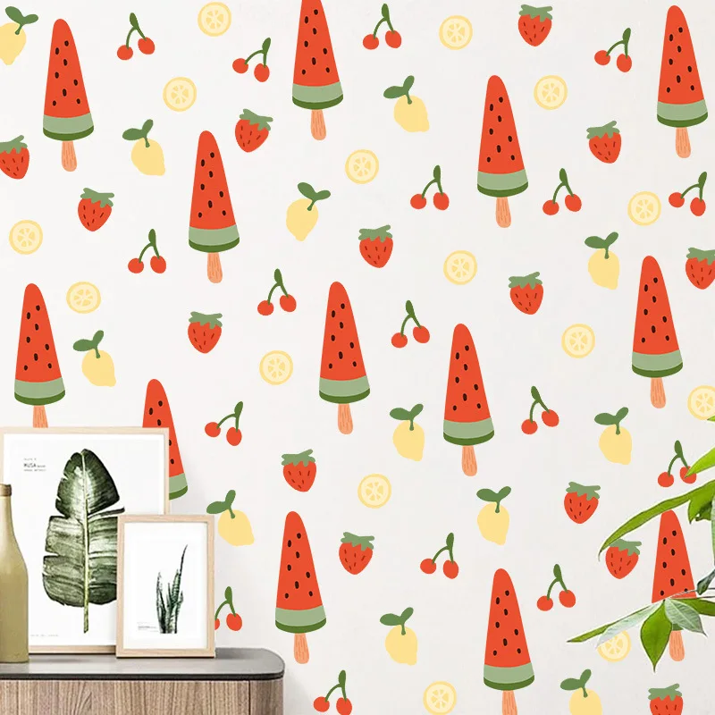 Watermelon Popsicle Wall Decal Summer Fruits Cherry Strawberry Lemons Self-Adhesive PVC Sticker for Kids' Room