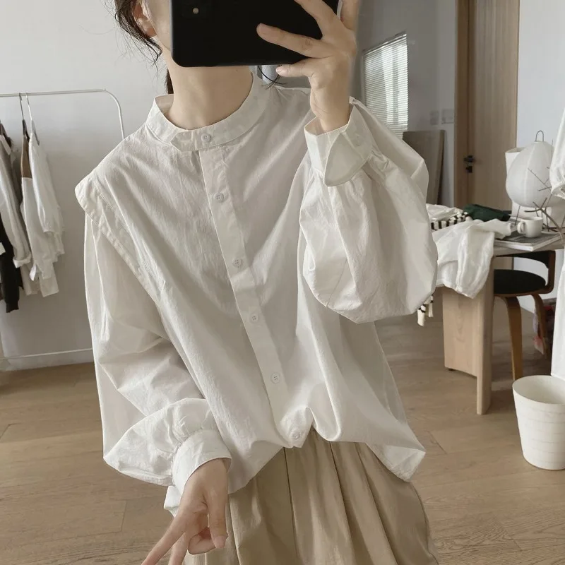 

Women's Spring Autumn Round Neck Solid Pullover Button Ruffles Lantern Long Sleeve Chiffon Shirt T-shirt Elegant Vintage Tops