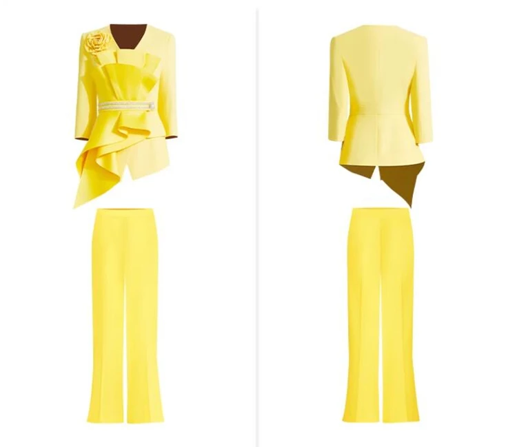 new spring autumn Banquet Moderator brand female women girls yellow coat pants sets suits clothing