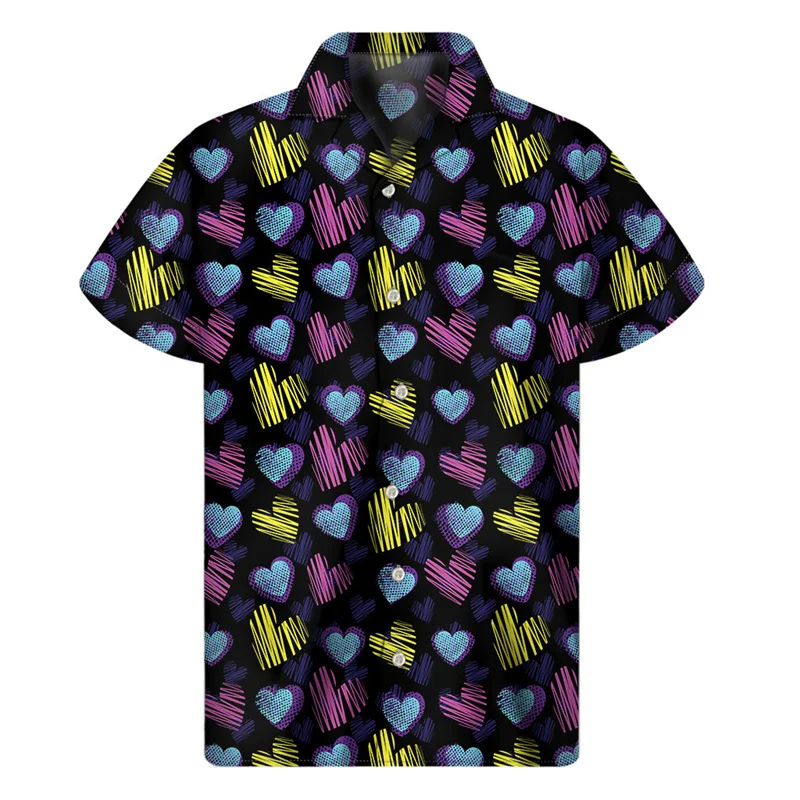 Popular Love Heart 3D Print Aloha Shirt For Men Women Hawaiian Shirts Summer Short Sleeve Tops Street Lapel Button Blouse