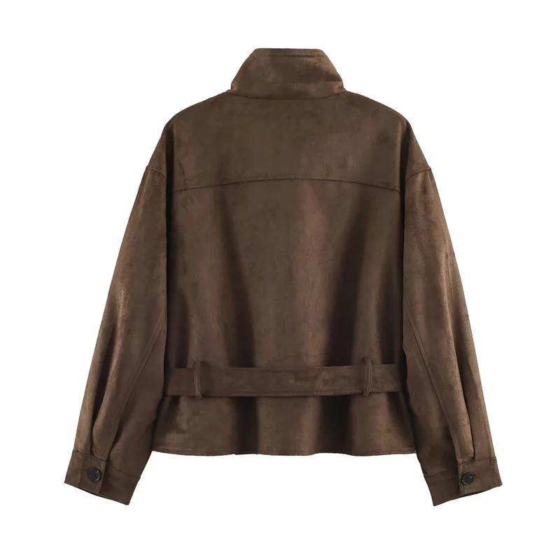 Guobioziy 2026 Fall Western Boho Chic Jacket Women Brown Faux Suede Tie Belt Coat Relaxed Fit For Concert And Road Trip