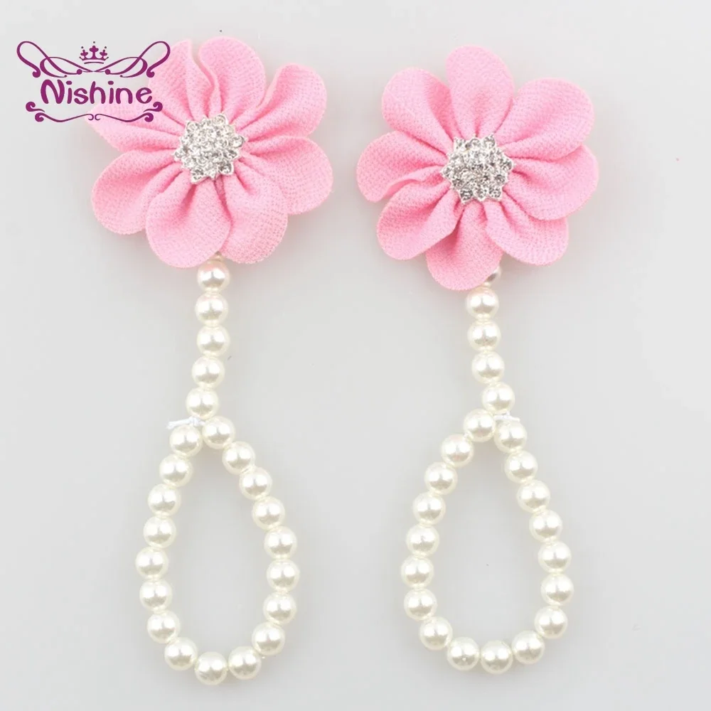 2pcs/lot Infant Girls Pearl Barefoot Sandals Chiffon Flower Shoes Toddler Diy Foot Decoration Baby Newborn Photography Props