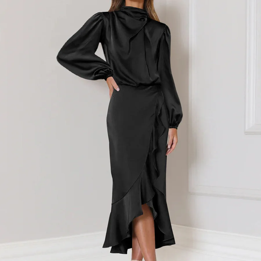 Women Party Ruffle Fishtail Long Dress High Quality Satin Long Sleeve Loose Fit Dress Autumn Fashion Women Evening Elegant Dress