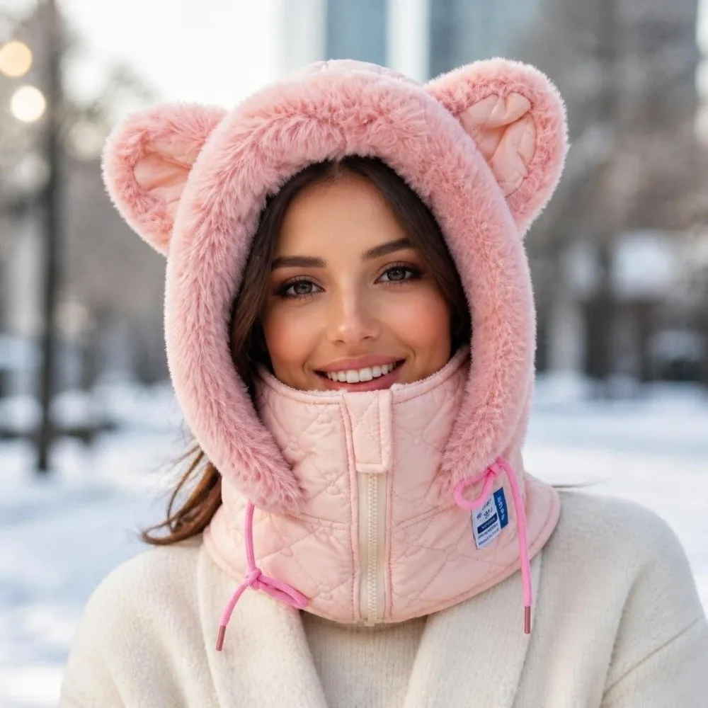 Warm Thick Winter Balaclava Hat Windproof Zipper Ear Protection Hat Fleece Lined Faux Fur Trim Winter Integrated Cap Winter
