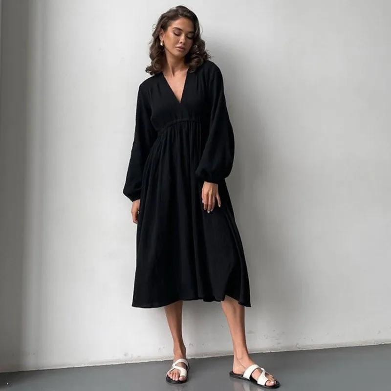 New Spring Fashion Women's Loose Casual Long Sleeve Cotton Nightgown Solid Color Breathable Crepe Loungewear L Size Nightdress