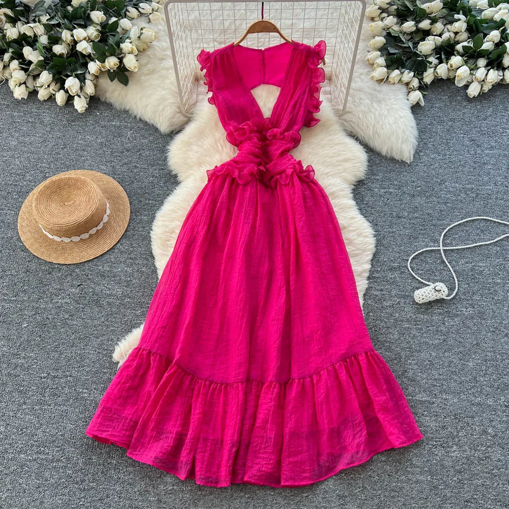 

Women Mesh Ruffles Dresses Solid Backless Dress Ankle Lenth A Line Sleeveless Ruffles Waist Cinch Slim Fit Elegant 2025 Summer