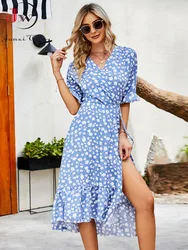 Sexy V Neck Split Floral Print Long Dress Women Summer Ruffles Half Sleeve Boho Casual Beach Dress Elegant Wrap Midi Sundress