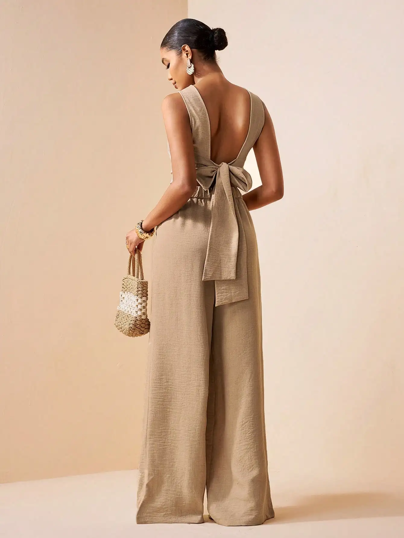 

Sleeveless Backless Tie-Bow Top And Wide-Leg Trousers Women Two Piece Set Casual Boho Outfit