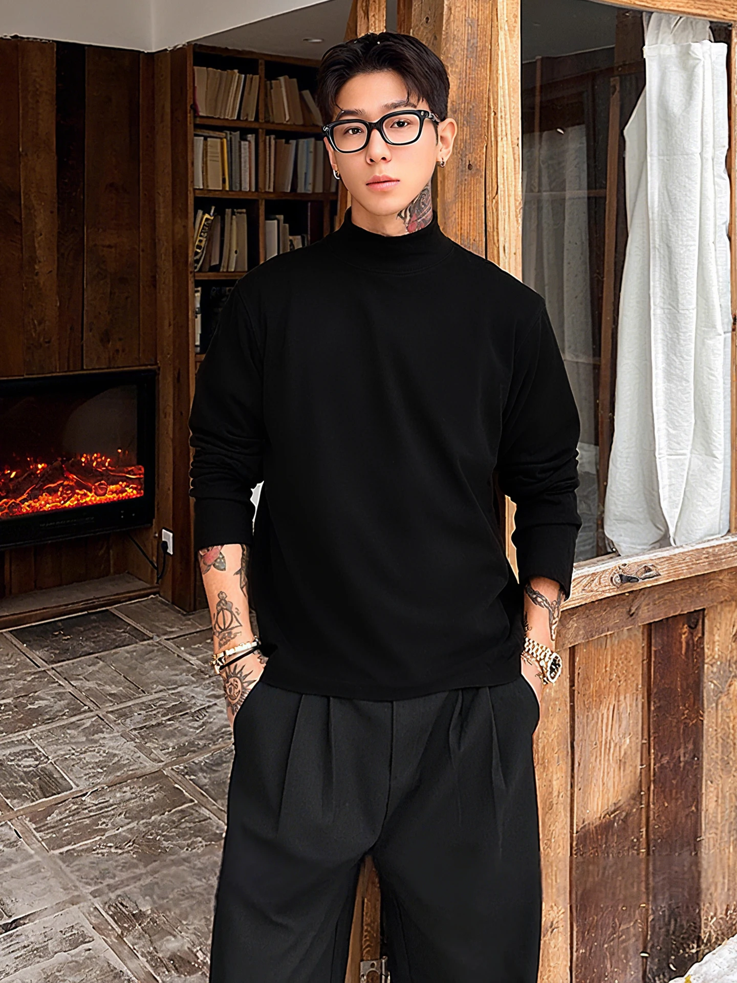 

Men's Bla Fce Lined f High Ne Sweatirt Long Sve Thermal T-irt American Sle Base irt Winter Warm Clothing