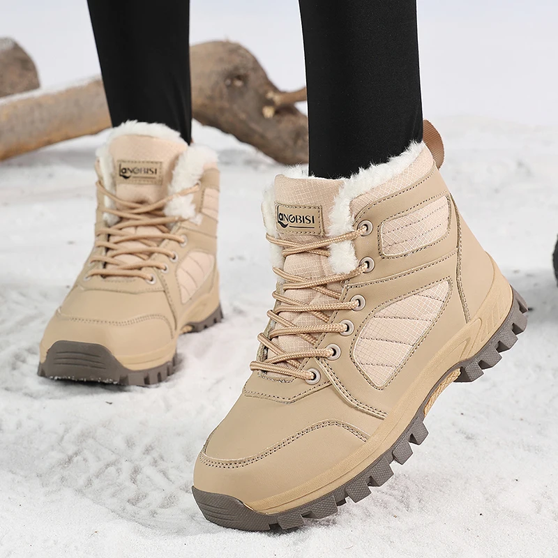 Women's Snow Boots, Winter Thickened Warm High-Top Boots, Outdoor Sports Short Boots, Lace-Up Ski Boots, Fashionable Mid-Calf High-Top Boots, Winter Sports Boots view 3