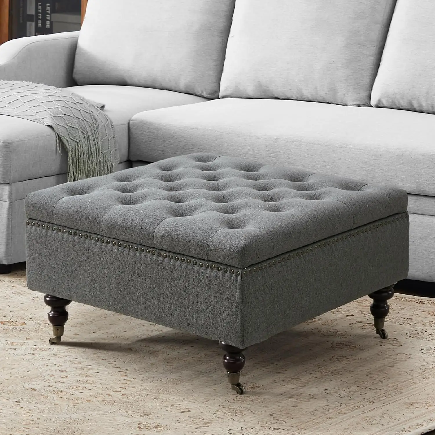 Square Storage Ottoman Coffee Table With Wheels Button Tufted, Customized