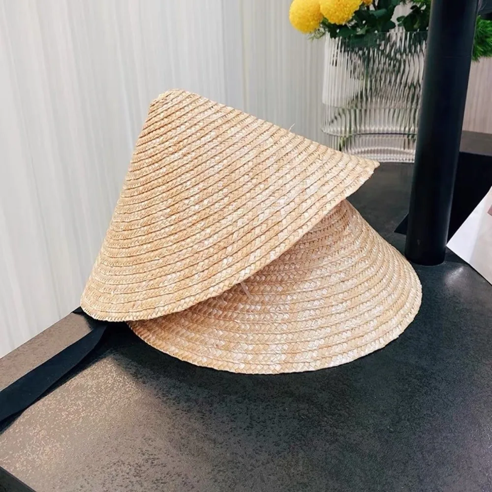 Big Brim Kids Sun Hat Korean Breathable Girls Straw Hat with Chin Strap Creative Straw Visor Cap for Children