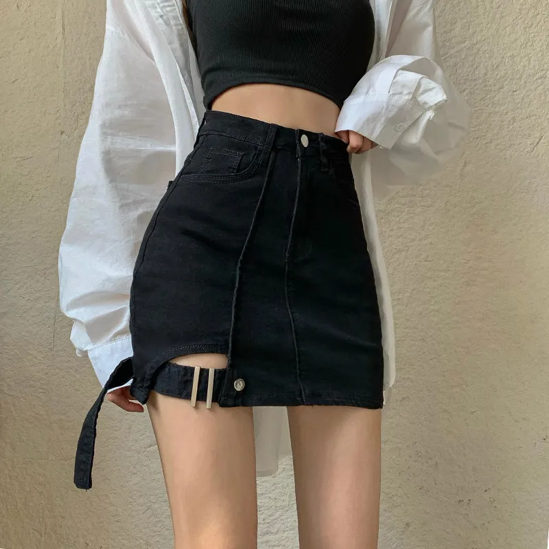 

Женская черная готическая джинсовая юбка в стиле эмо, винтажная джинсовая юбка Harajuku, корейский стиль Y2k, ковбойские юбки с запахом, одежда 2000-х годов, весна-лето
