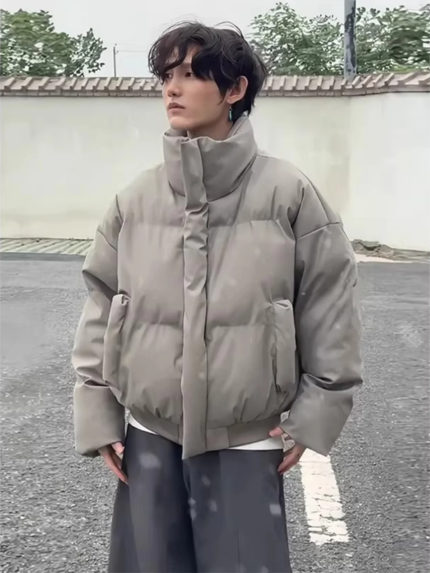 

American Sle Thiened ort Cotton Jaet Men's Winter Coat PU Leather Stand Collar Bread Sle Outerwear Youth Faion