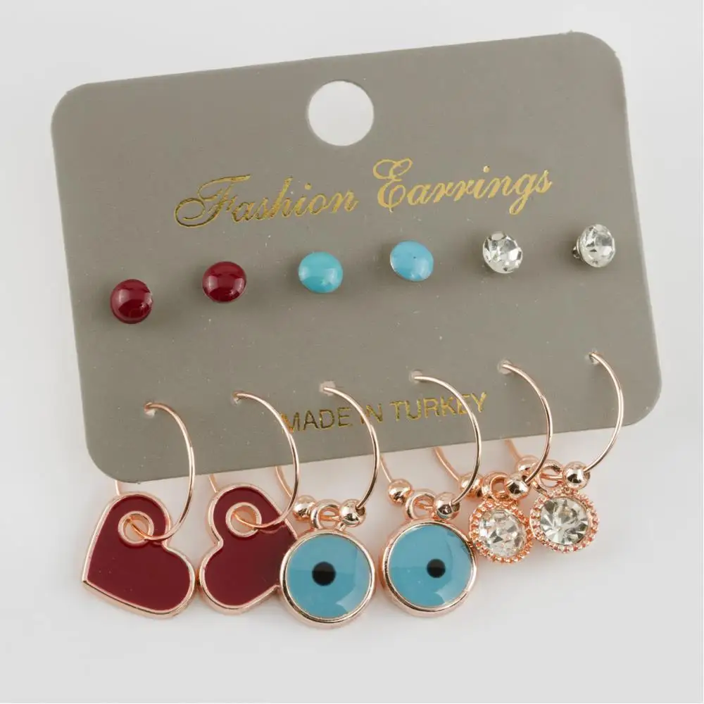 12'li Heart Figured Cabochons Ring Earrings