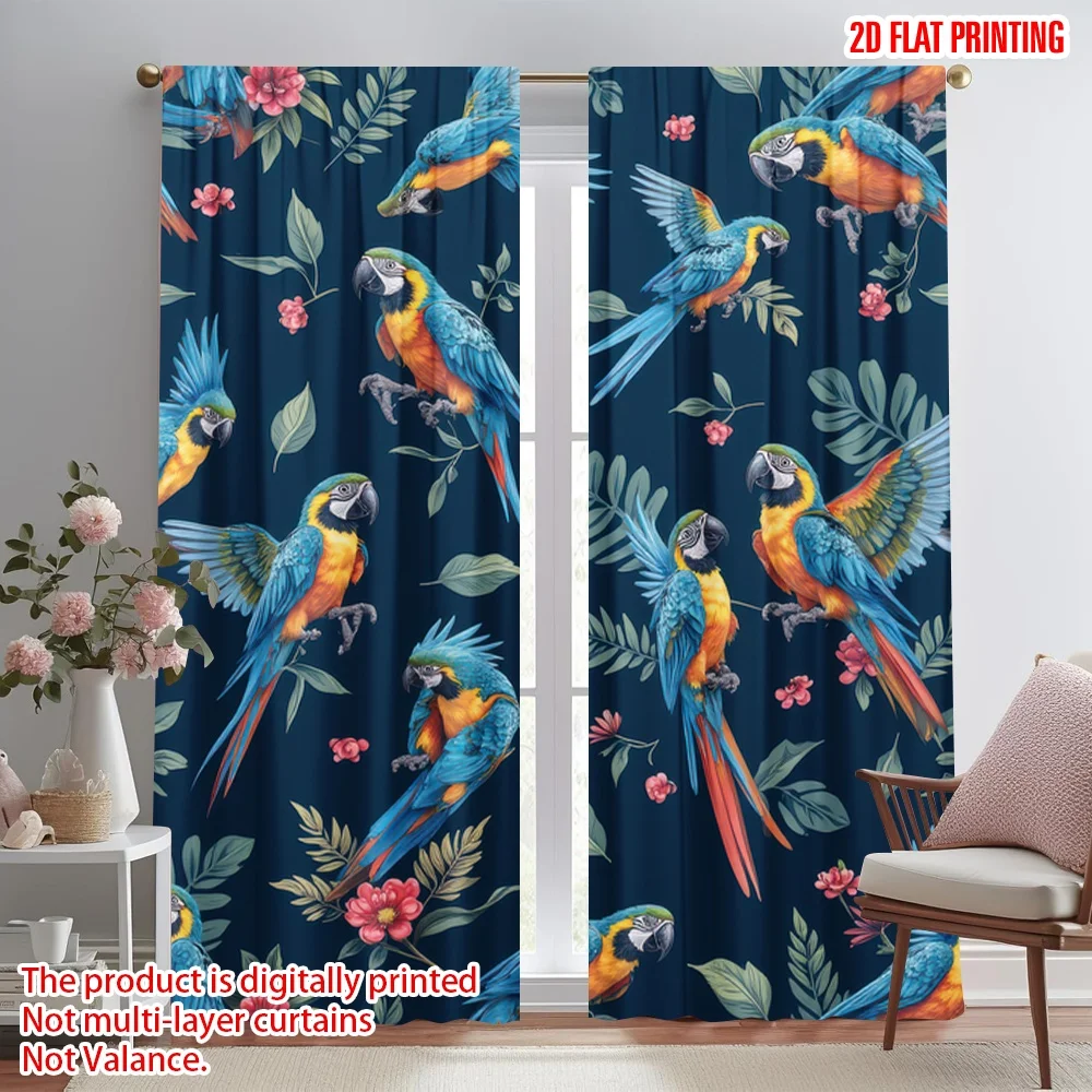 

2D flat printing 2pcs Window Drapes Colorful Parrots Among Flowers Digital Printed Polyester Drapes Holiday Decorations for