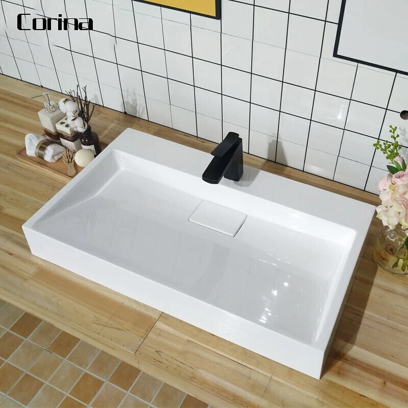 

Modern Design Solid Surface Sink Single Basin Large Vanity Wall Hung Marble Wash Basins Artificial Bathroom Sink