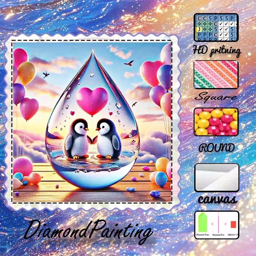 1 piece 5D DIY flocking cloth, special drill, diamond painting kit, penguin, heart, pattern mosaic, diamond art