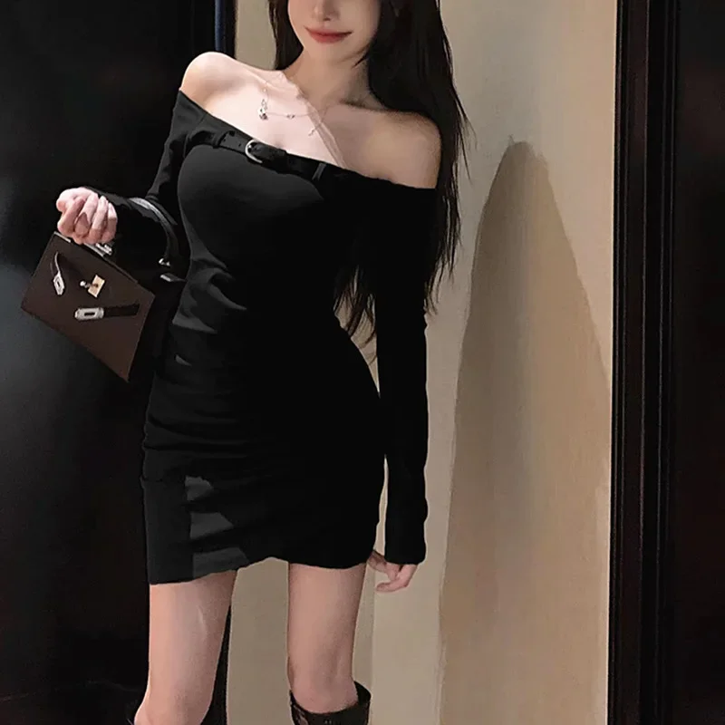 

Black Slim Dress Women's Spring Shoulder Long Sleeve Short Skirt