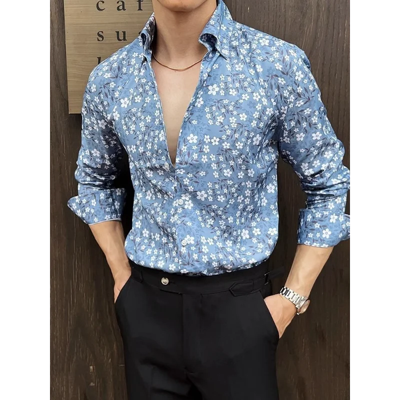 

Men Fashion High End Design Casual Long Sleeve Shirt Spring Autumn New Style Personalized Stylish Floral Versatile Shirt