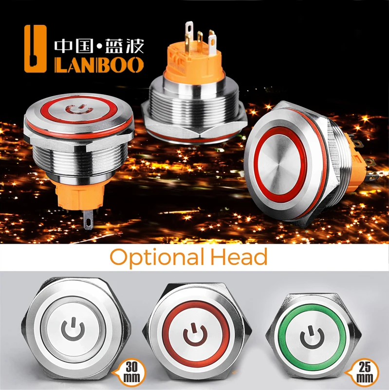 LANBOO 30mm 1NO1NC/2NO2NC momentary or latching switch with LED  metal push button switch