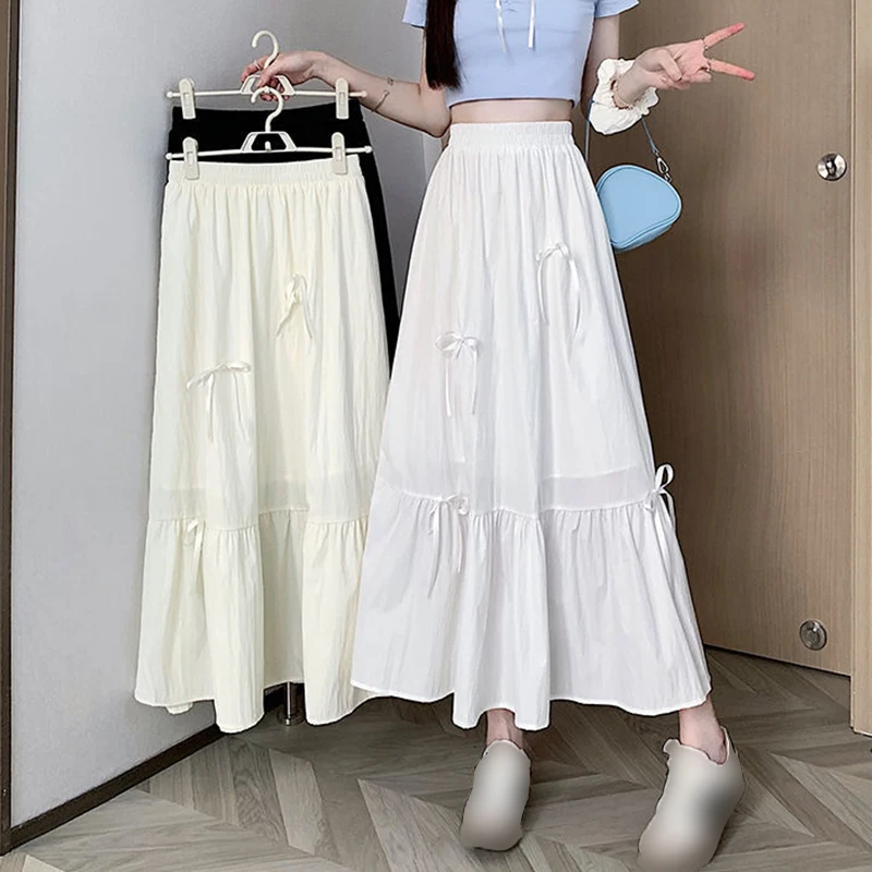 Women Stylish High-Waist Skirt Elastic A-Line Pleated Skirt With Bows Puffy Skirt Sweet Bow Lace Up Fluffy Skirts