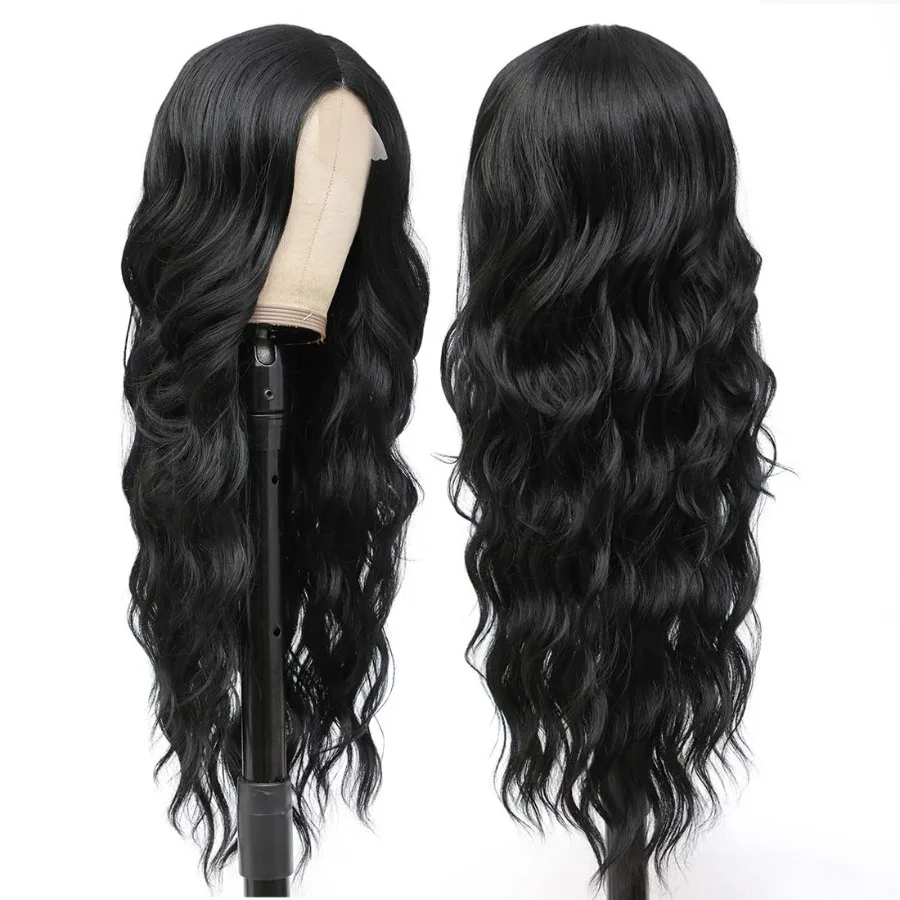 باروكات طويلة سوداء مموجة للنساء الجزء الأوسط شعر مستعار أسود مموج بدانتيل أمامي شعر صناعي ذو مظهر طبيعي شعر مستعار أسود طويل للاستخدام اليومي
