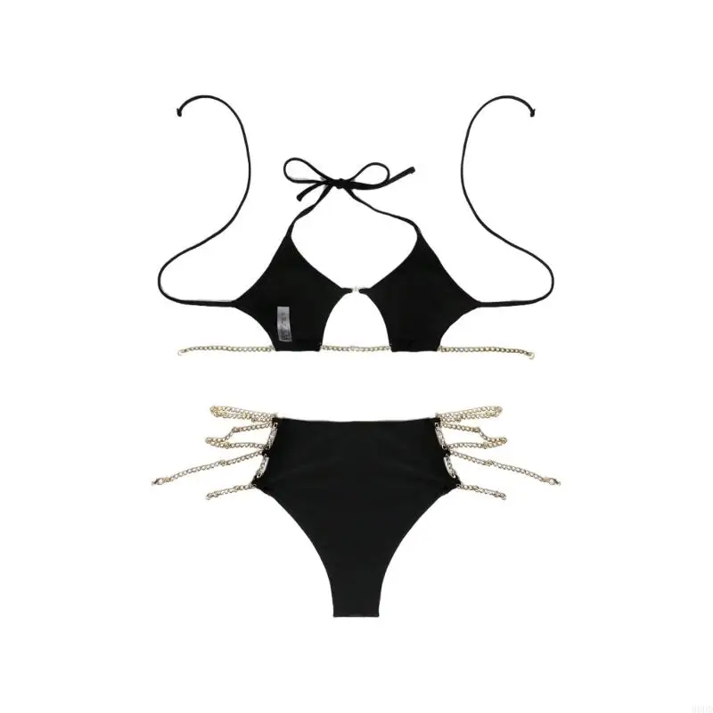 

Women Metal Chain Swimsuit Hollow Out Bathing Suit Two Pcs Split Swimwear 69HD