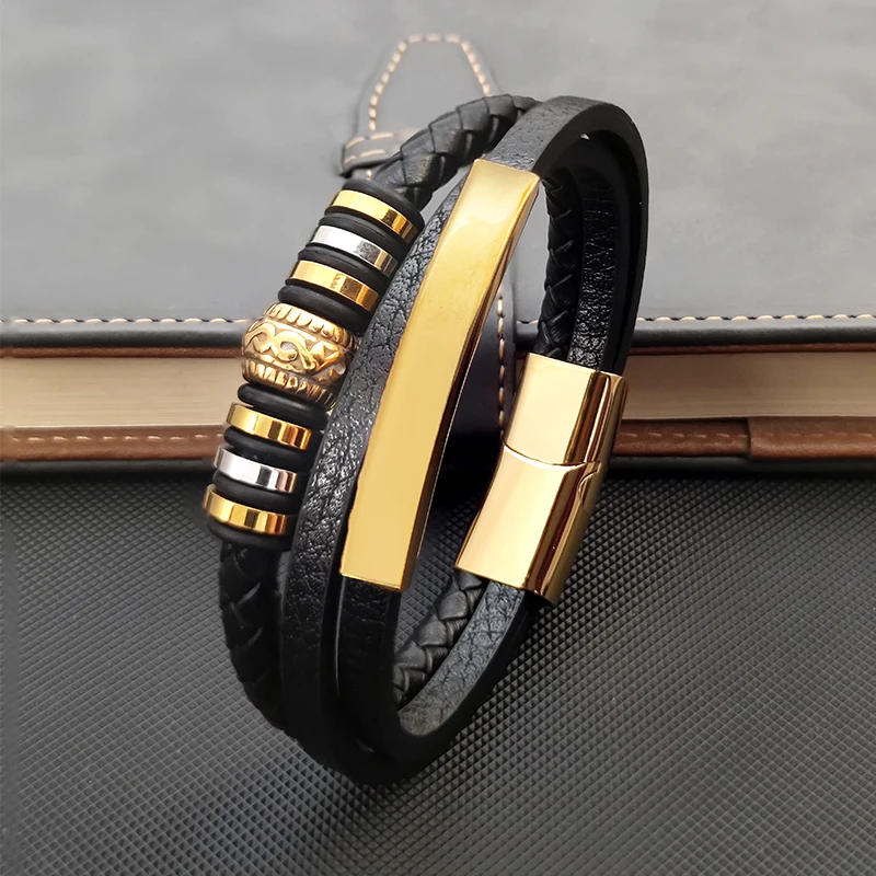 New Stainless Steel Leather Bracelet for Men Design Golden Transport Bead Accessories Male Jewelry Christmas Gift