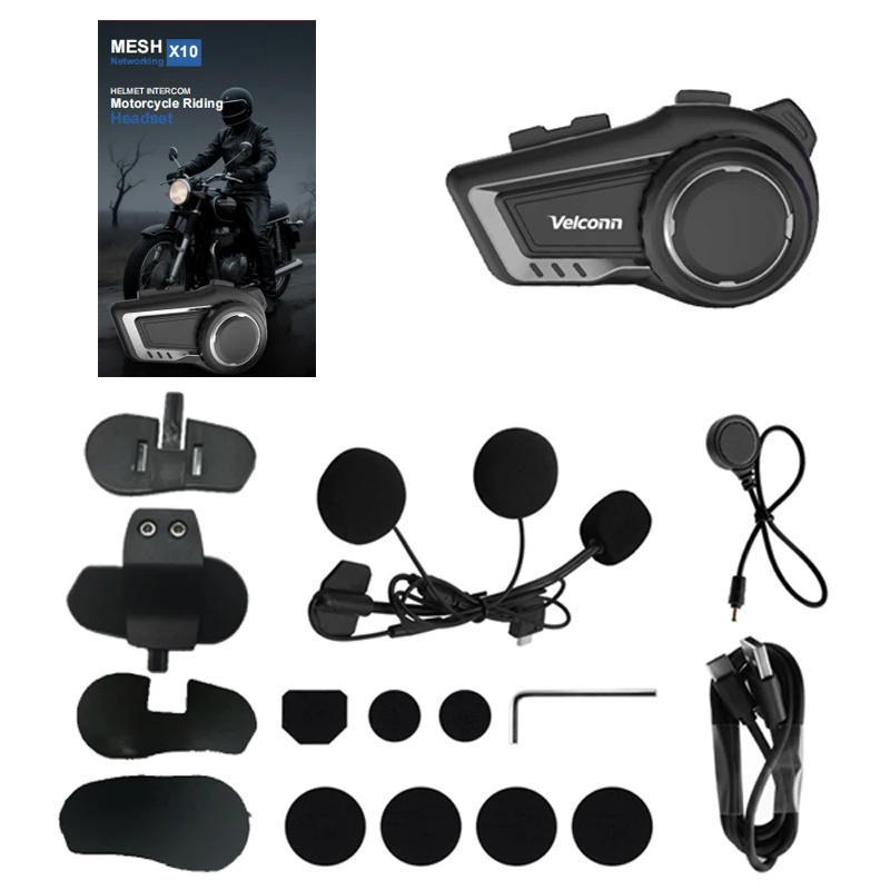 Velconn X10 Motor Mesh Intercom Helm Headset Bluetooth 5.1 Voor 10 Rijders 1500M Full Duplex Interphone Muziek delen/EQ FM