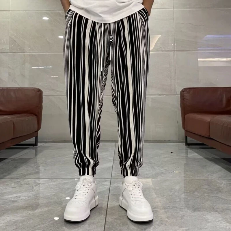 Autumn Winter New Fashion Elastic Waist Drawstring Striped Men's Clothing Casual Bound Feet Pockets Korean All-match Haren Pants