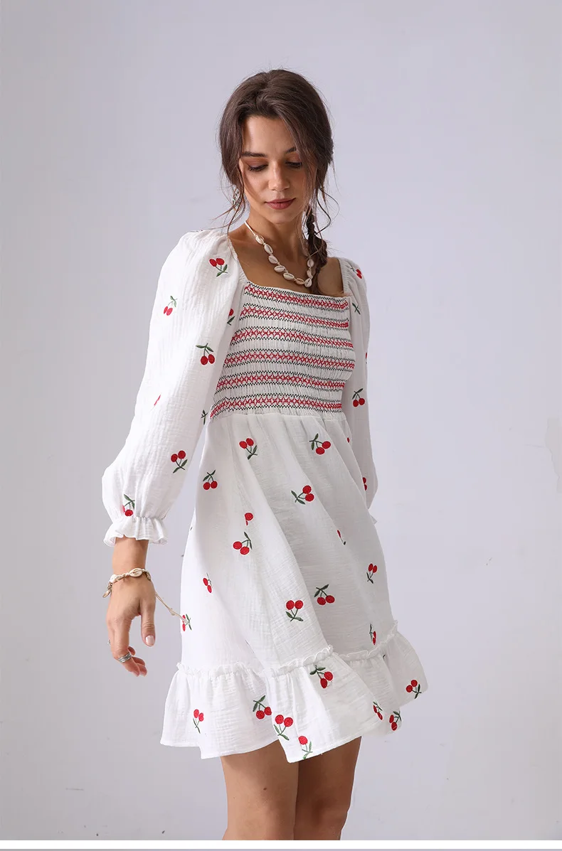 2025 Spring And Summer Short Women's Dress Cute Cherry Embroidery Dresses Square Neck Long Sleeve Boho Holiday Mini Dress