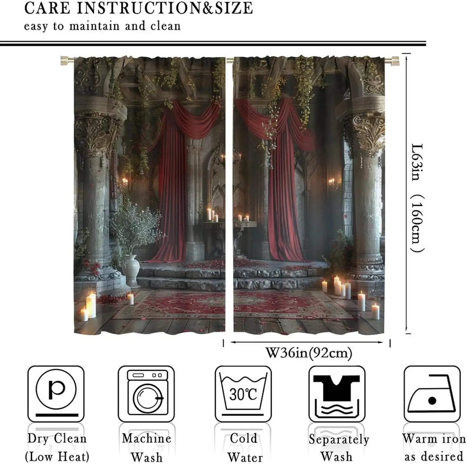 Retro Castle Blackout Curtains, Western Palace Architecture Red Petal Candle Window Drapes Home Decor Rod Pocket Curtain for
