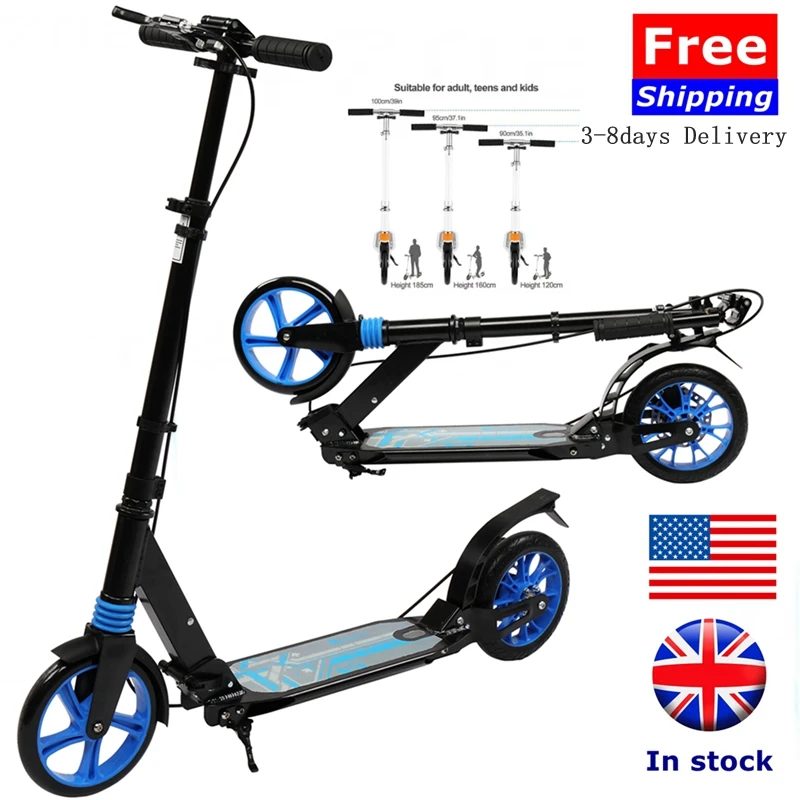 

Foldable Adult Kick Scooter Dual Shock Absorber 3 Adjustable Height 2 Wheels Wide Deck Rear Fender Brake 37.4x15x41.3'' US Stock