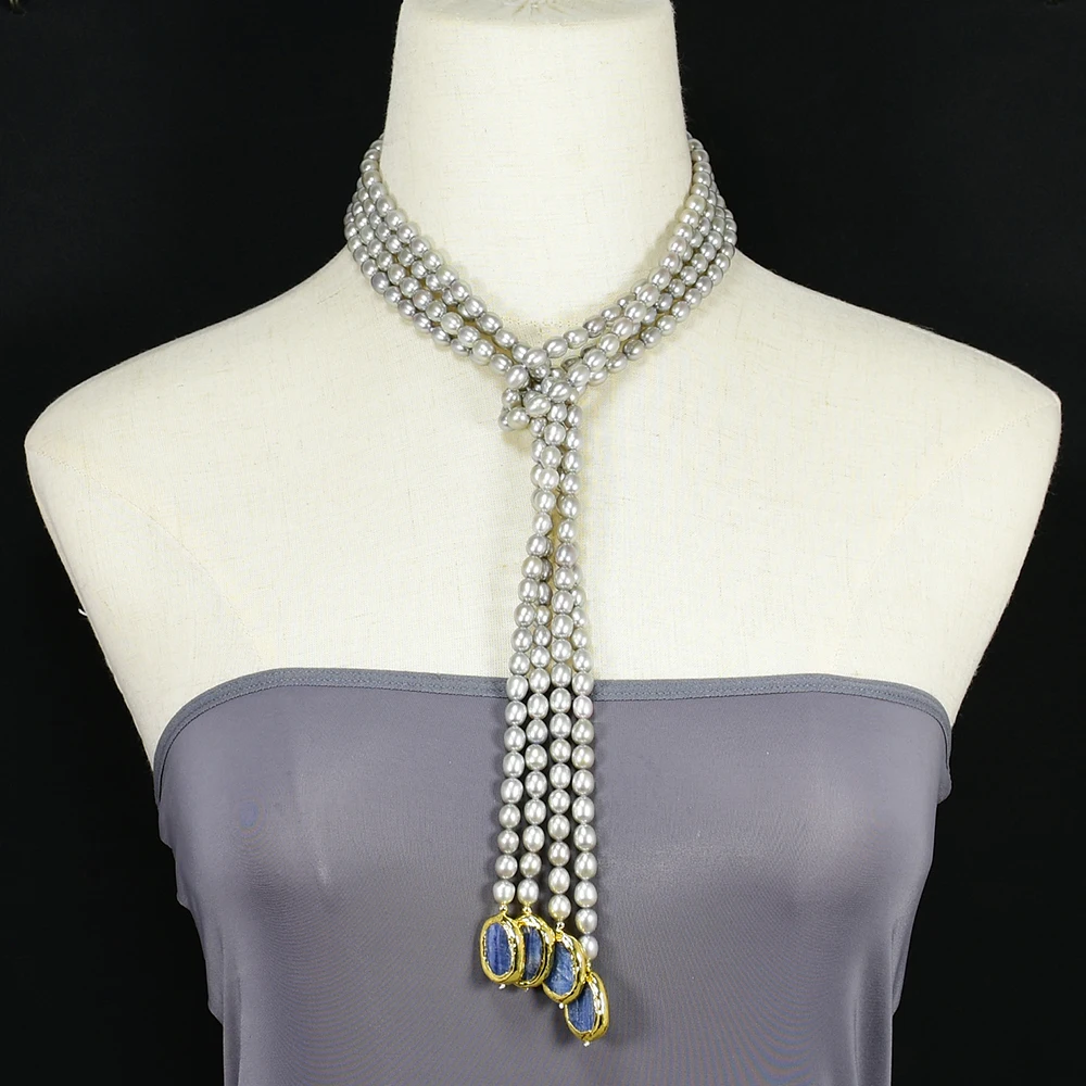 G-G 2 Rows Cultured Gray Rice Pearl Gold Plated Edge Blue Kyanite Lariat Long Sweater chain Necklace Handmade For Women