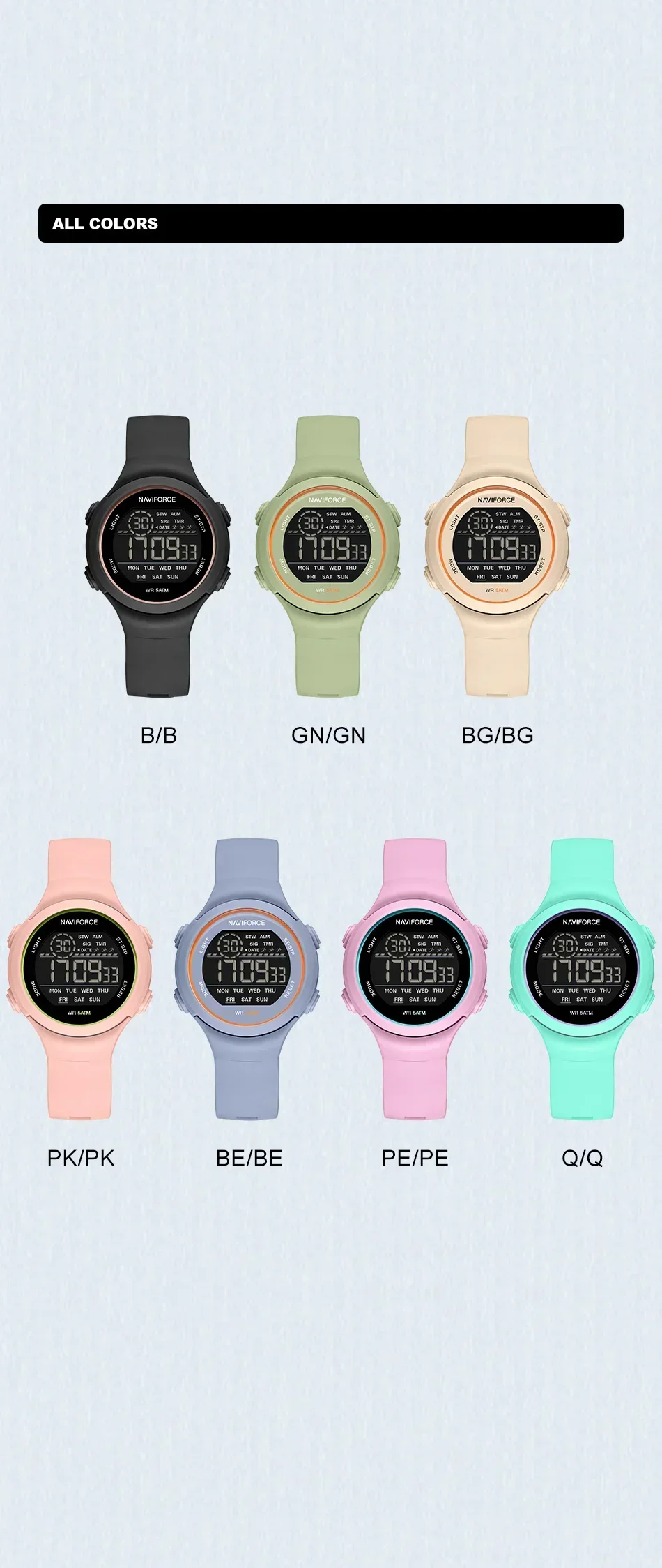 NAVIFORCE NF7119 ساعة رياضية فاخرة للنساء حزام السيليكا LCD شاشة ديجيتال ساعات المعصم الإلكترونية