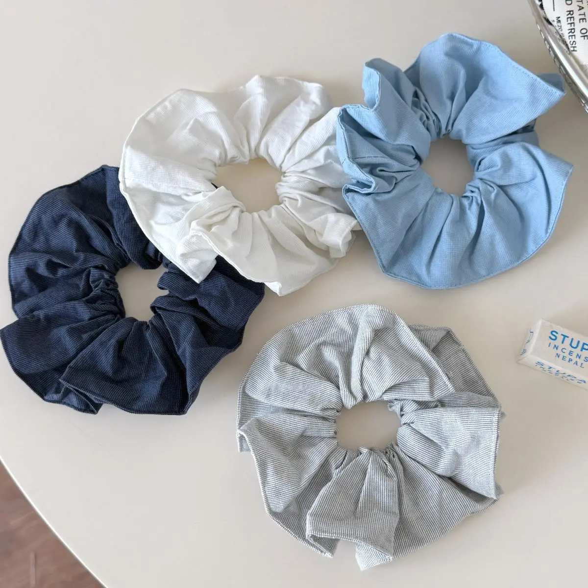 Hair Scrunchie Denim Fabric Solid Color Gentle Elastic Ponytail Holder for Women Korean Retro Daily Work Office Travel Accessory