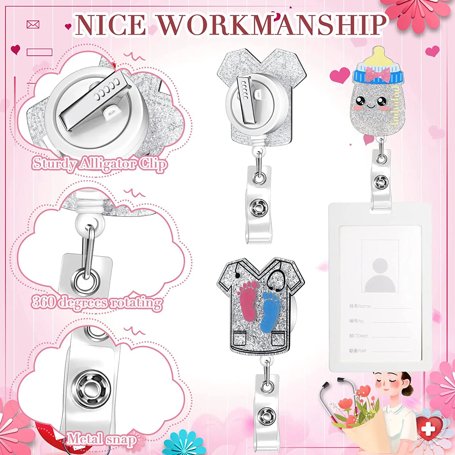 1PC  Acrylic Rainbow Footprint Easy Pull Buckle with Gold Onion Design Sparkling Powder Bottle Retractable Rotating ID Holder